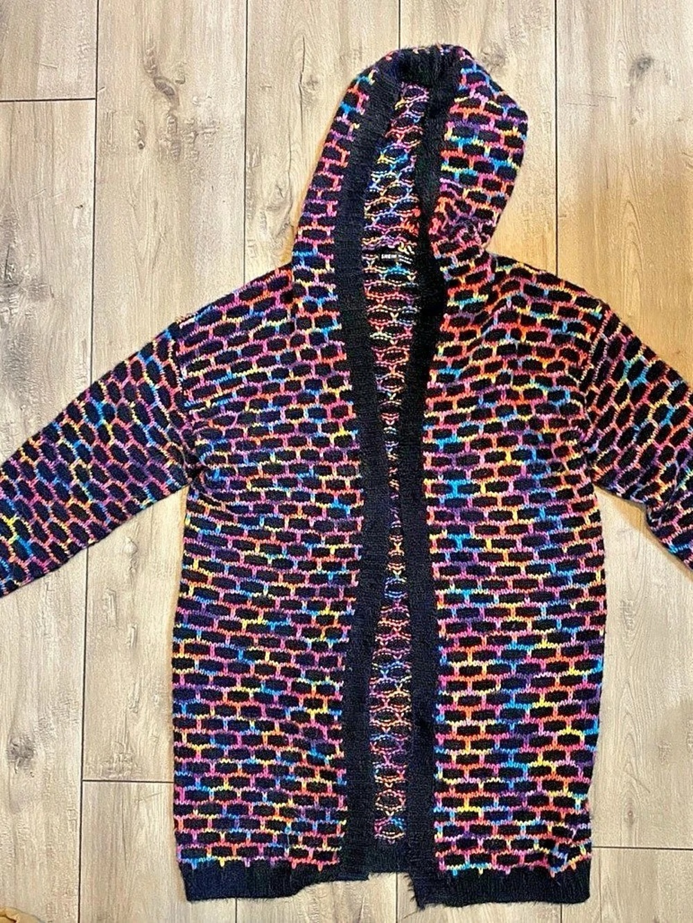 SHEIN Multicolor Rainbow Hooded Knit Long Cardigan Size Medium